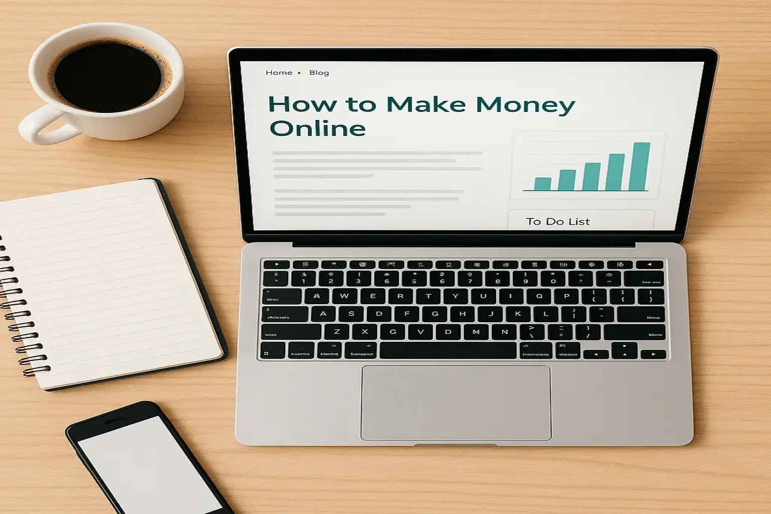 Flat lay of a workspace with a blog post open, focused on making money online, with productivity tools like a notebook and phone.