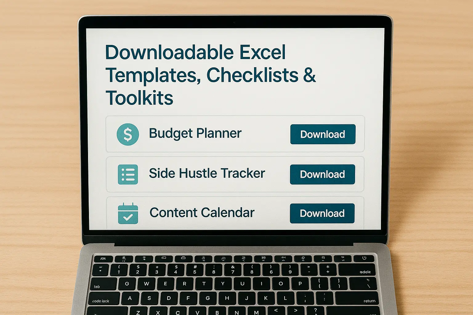 Laptop displaying downloadable Excel templates and digital toolkits like a budget planner and content calendar.